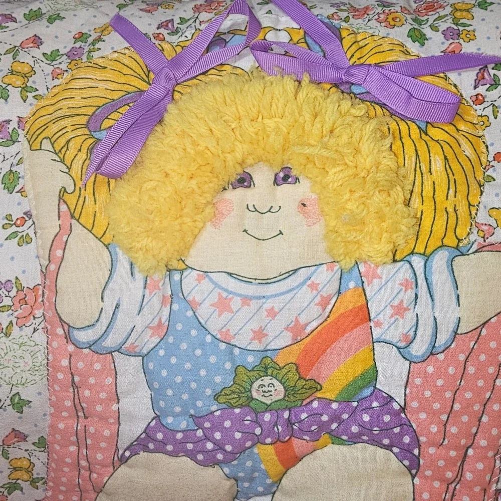 80s Cabbage Patch Kids Lace Trim Throw Pillow Handmade Floral Rainbow Cottage
